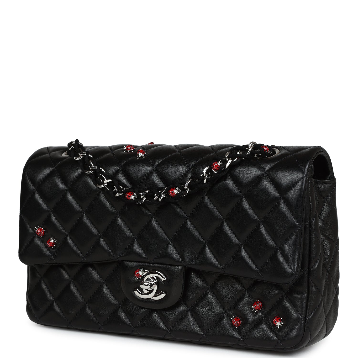 Chanel Medium Lady Bug Single Flap Bag Black Lambskin Silver Hardware