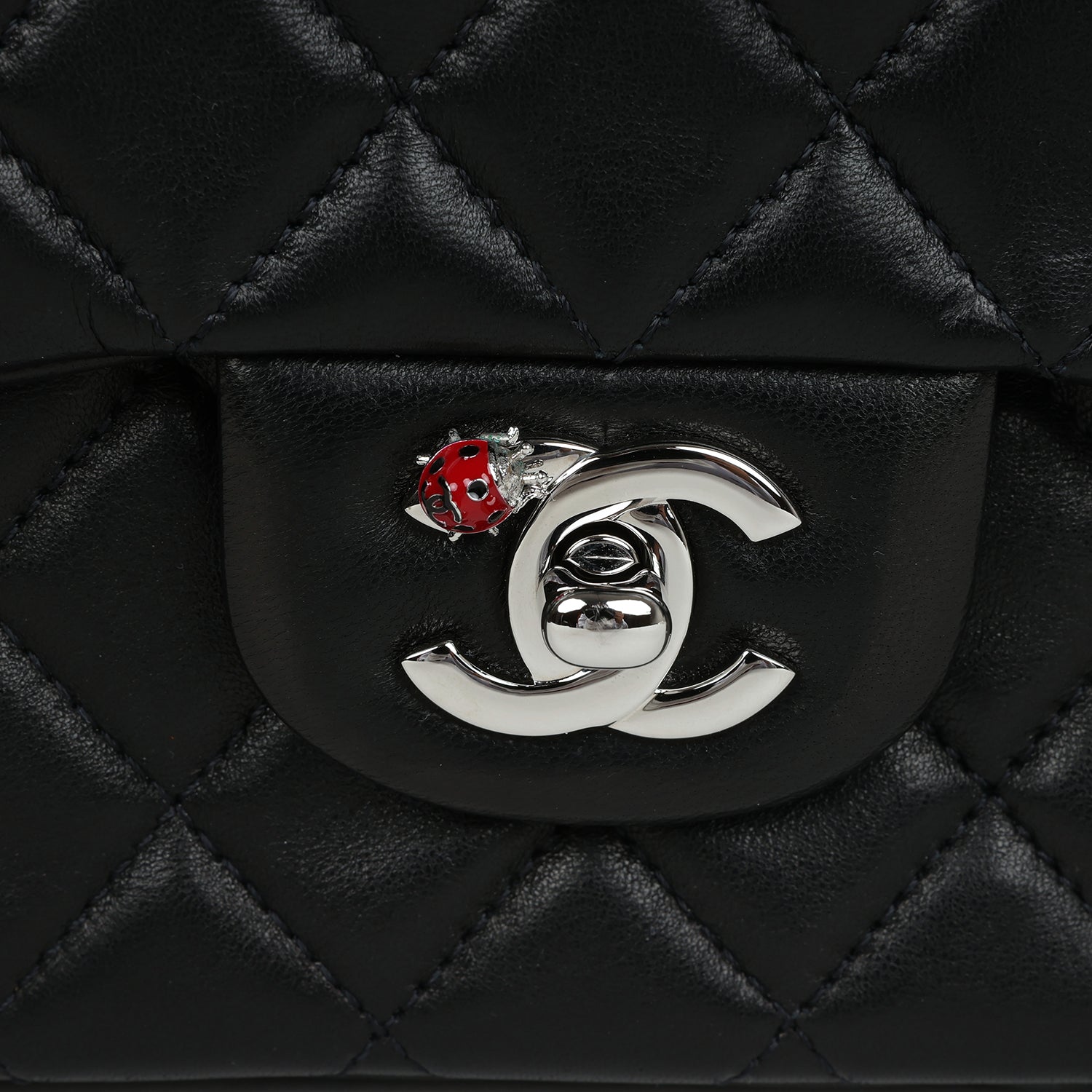 Chanel Medium Lady Bug Single Flap Bag Black Lambskin Silver Hardware