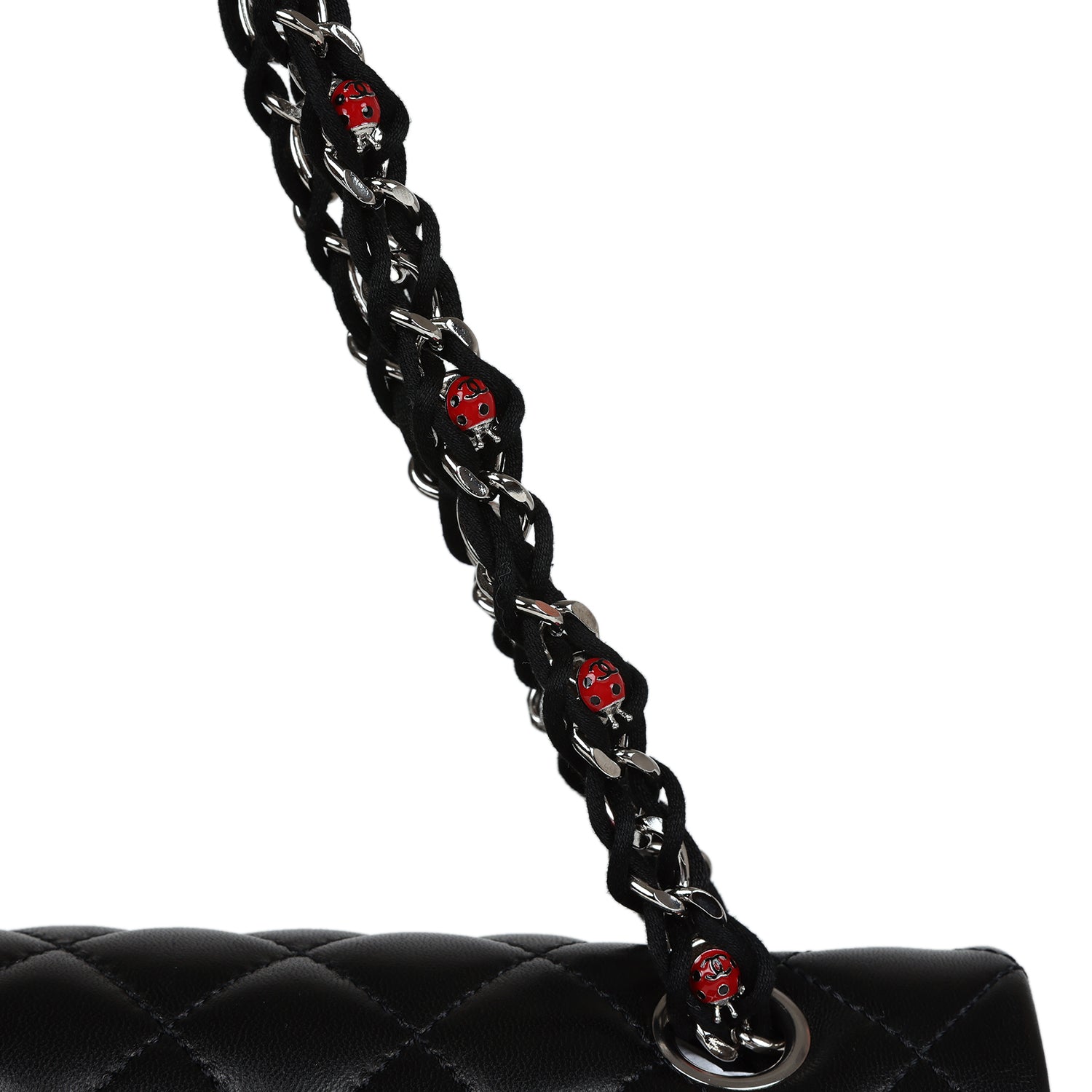 Chanel Medium Lady Bug Single Flap Bag Black Lambskin Silver Hardware