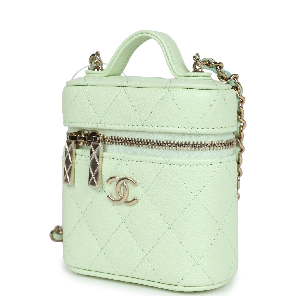 Chanel Mini Top Handle Crossbody Vanity Case Light Green Caviar Gold Hardware