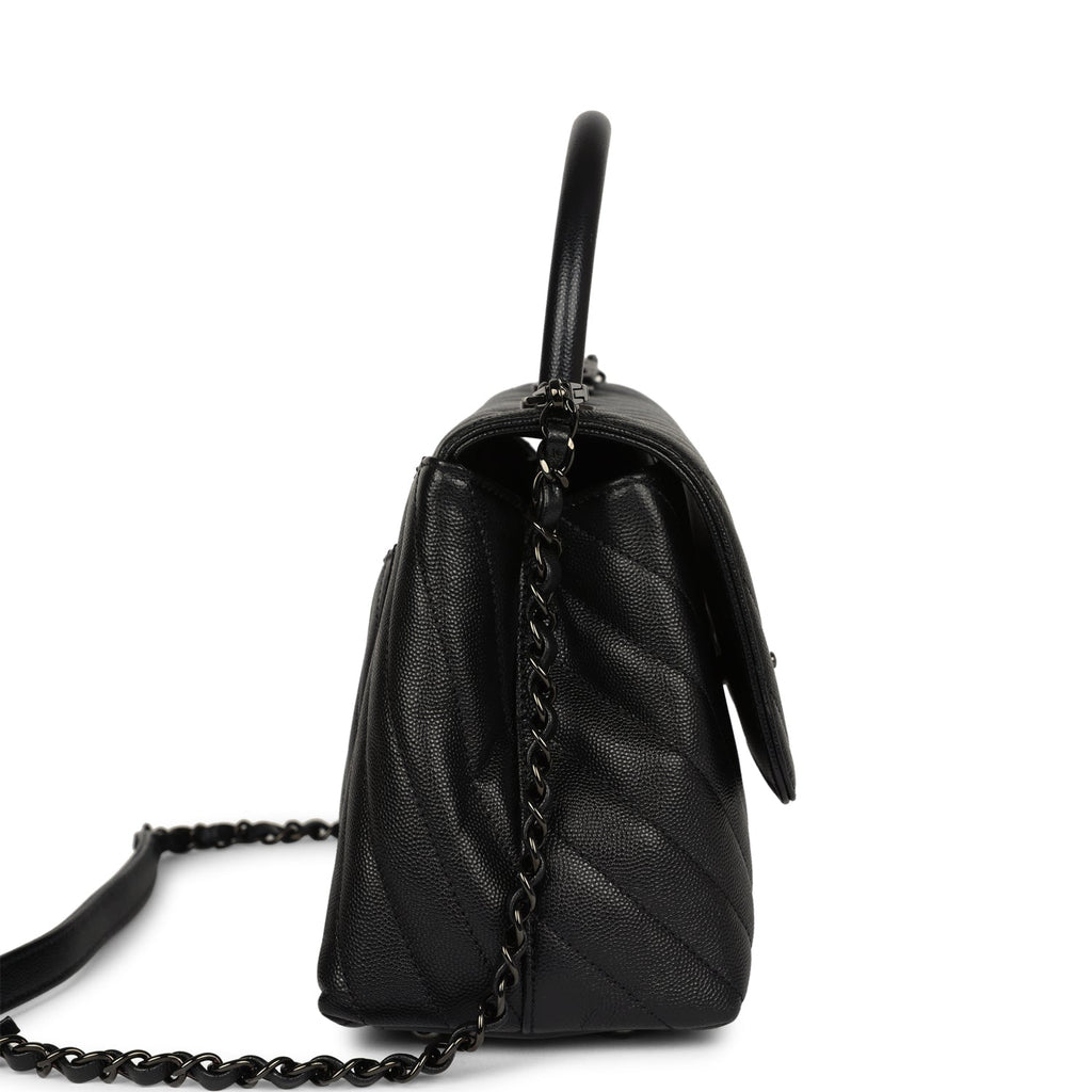 Chanel Medium Coco Top Handle So Black Chevron Caviar Black Hardware