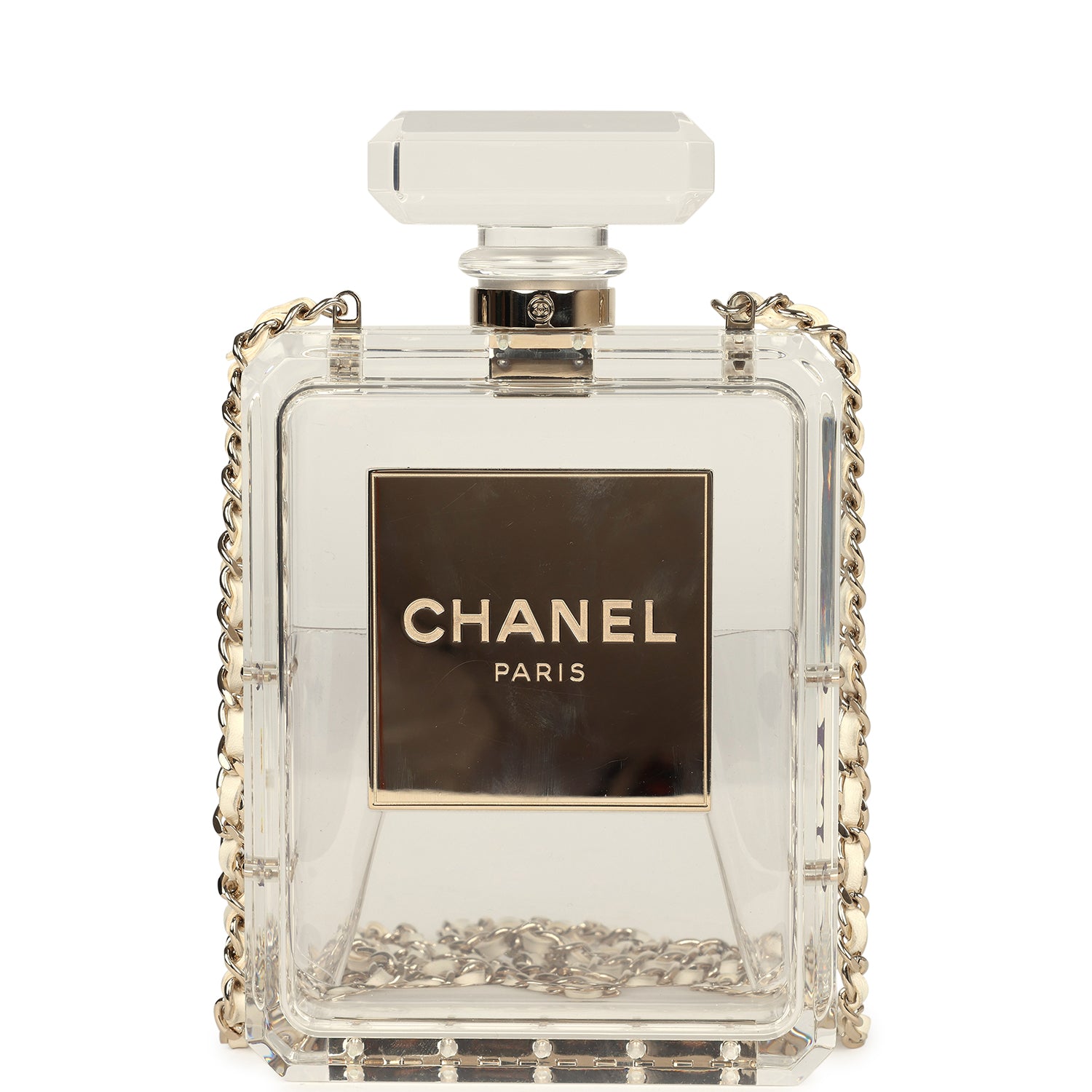 Chanel Minaudiere No. 5 Perfume Clutch Transparent Plexiglass Light Gold Hardware