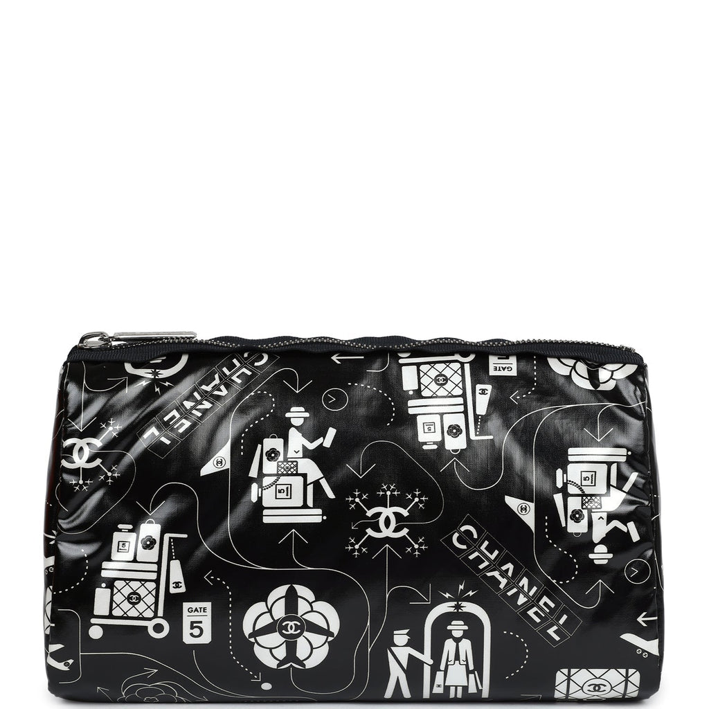 Chanel Small Airline Cosmetic Pouch Black and White Nylon Silver Hardware