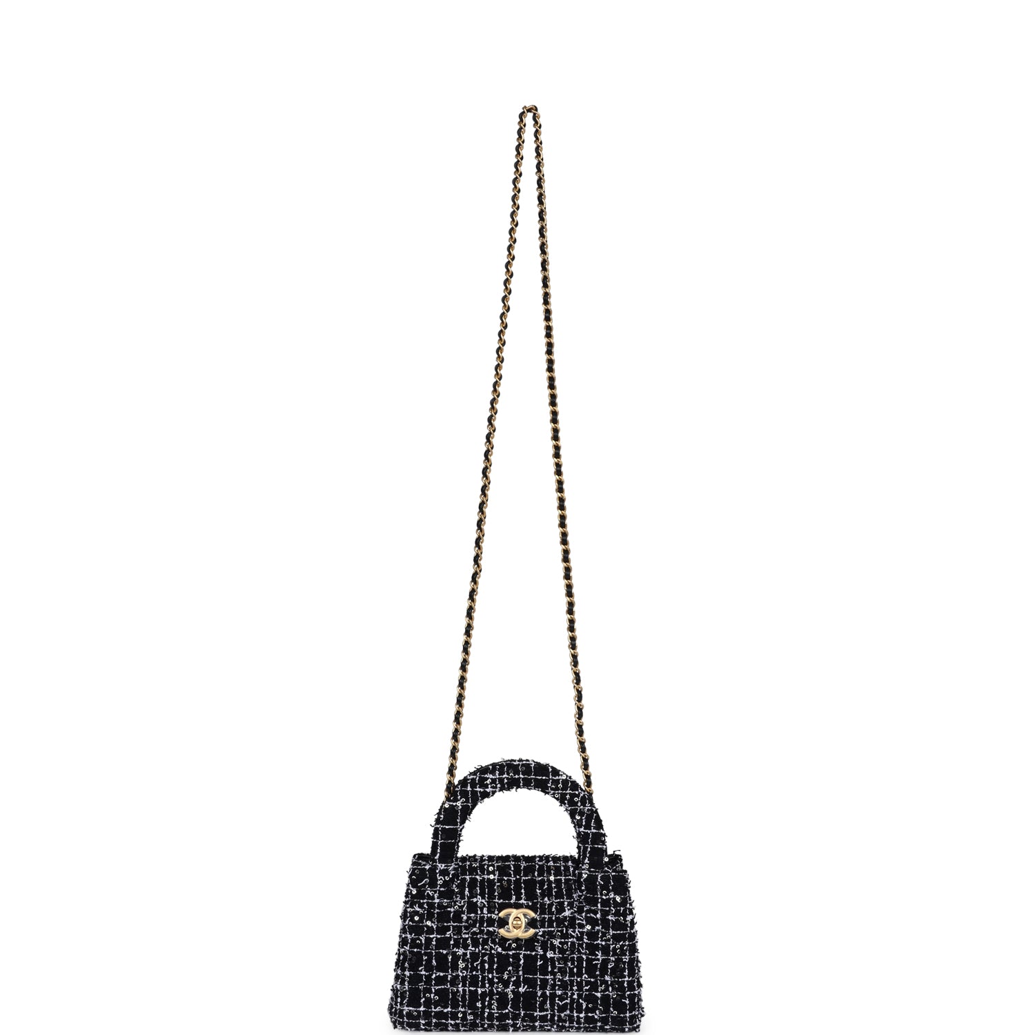 Chanel Small Kelly Shopper Black, White & Silver Sequin Tweed Brushed Gold Hardware