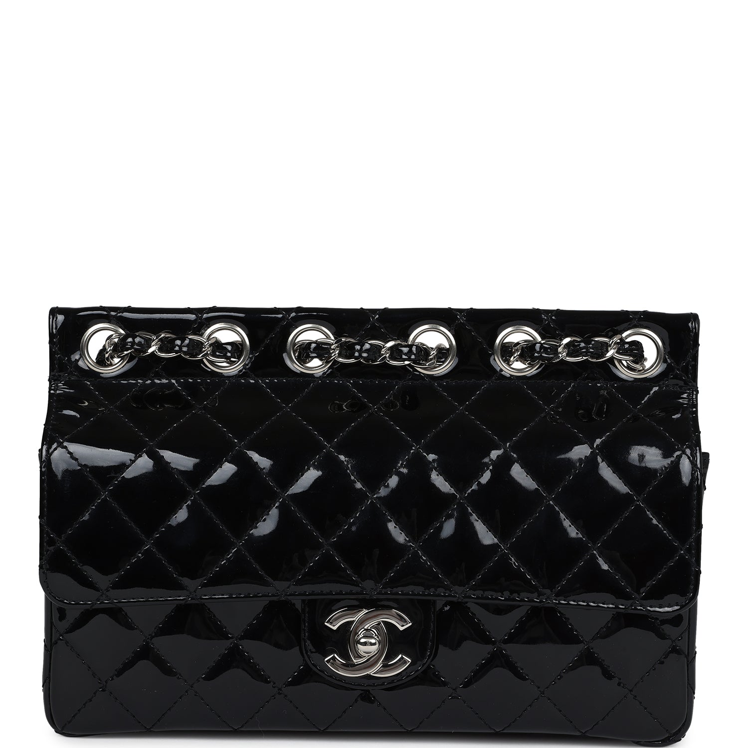 Chanel Vintage Chain Through Flap Bag Black Patent Silver Hardware