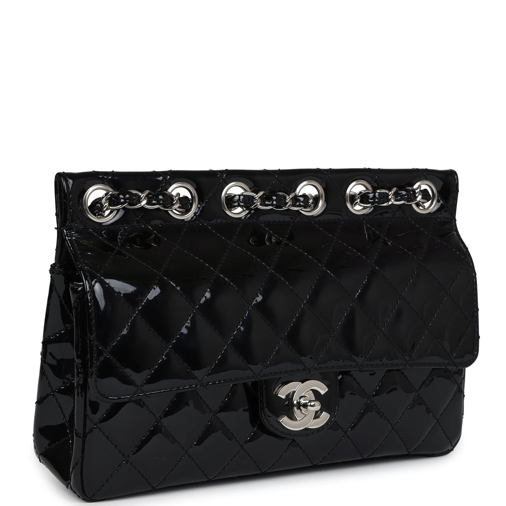Chanel Vintage Chain Through Flap Bag Black Patent Silver Hardware