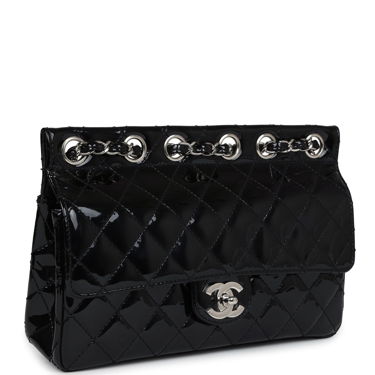 Chanel Vintage Chain Through Flap Bag Black Patent Silver Hardware