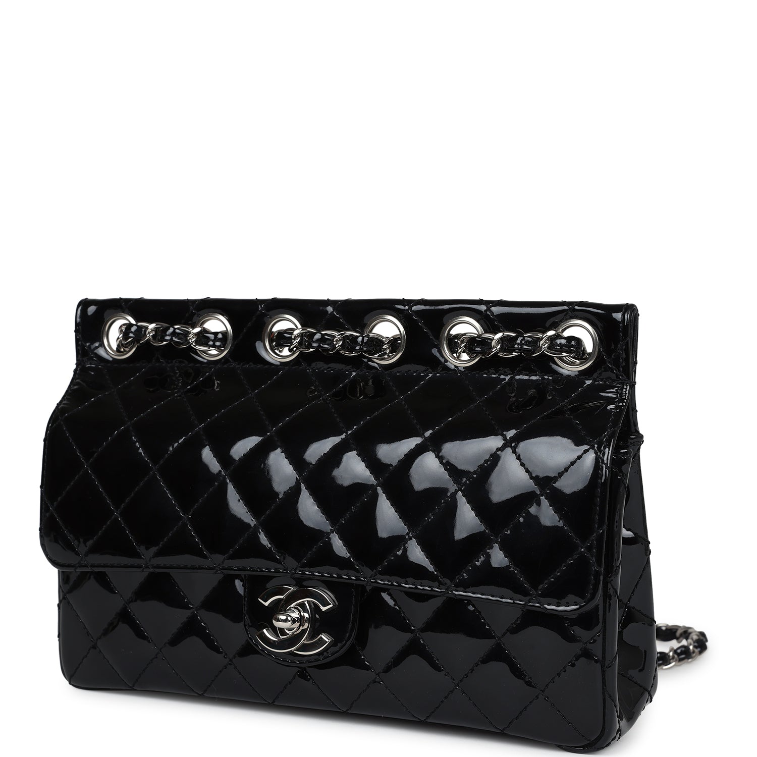 Chanel Vintage Chain Through Flap Bag Black Patent Silver Hardware