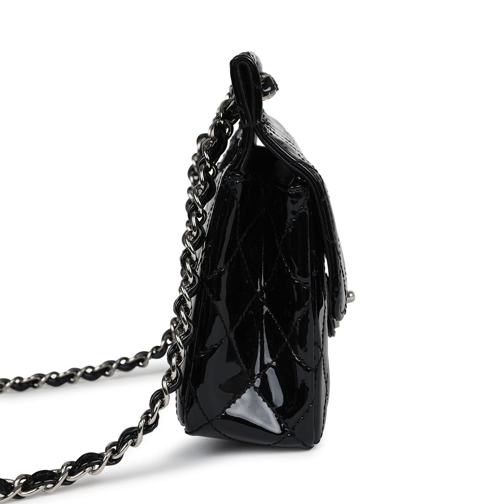 Chanel Vintage Chain Through Flap Bag Black Patent Silver Hardware