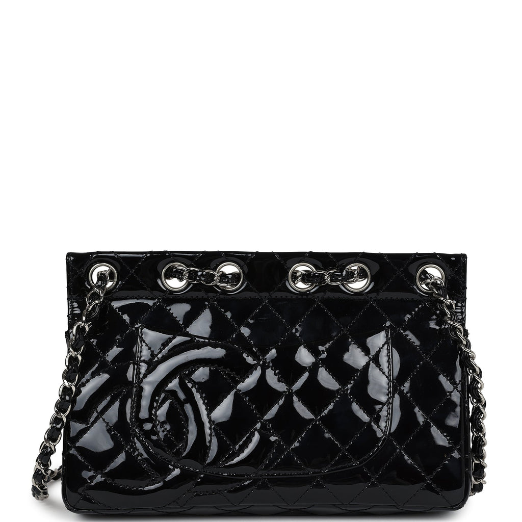 Chanel Vintage Chain Through Flap Bag Black Patent Silver Hardware