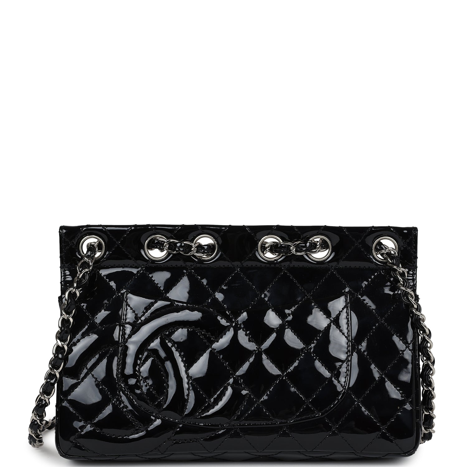 Chanel Vintage Chain Through Flap Bag Black Patent Silver Hardware