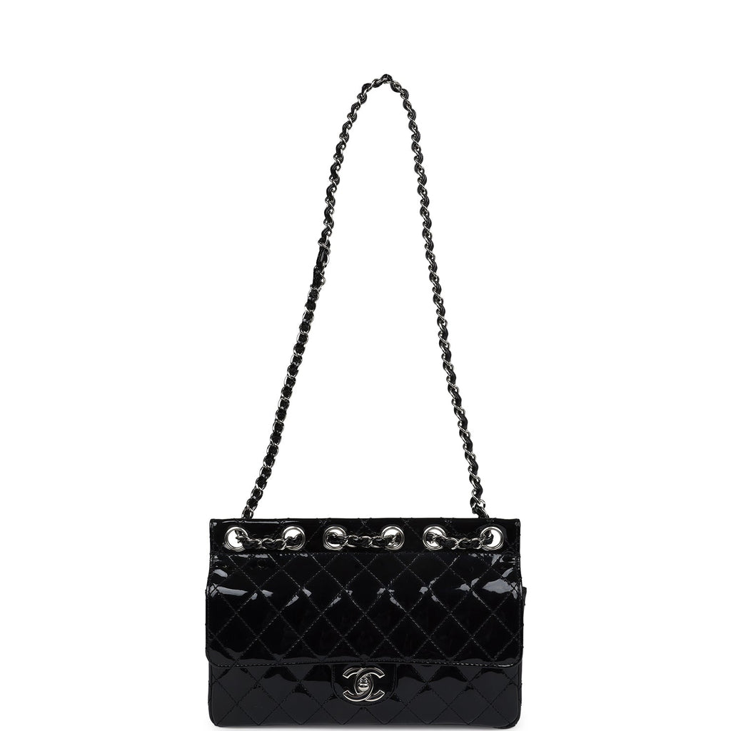 Chanel Vintage Chain Through Flap Bag Black Patent Silver Hardware