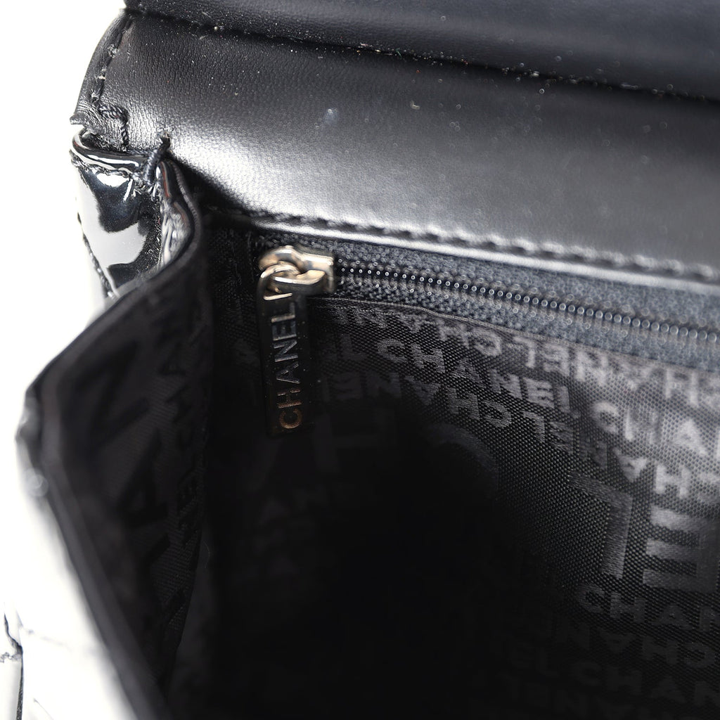 Chanel Vintage Chain Through Flap Bag Black Patent Silver Hardware