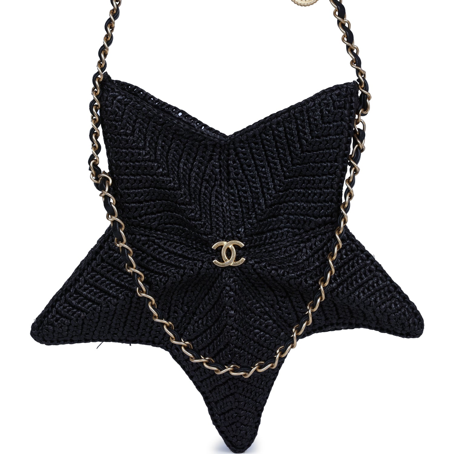 Chanel Star Coco Beach Bag Black Raffia Aged Gold Hardware