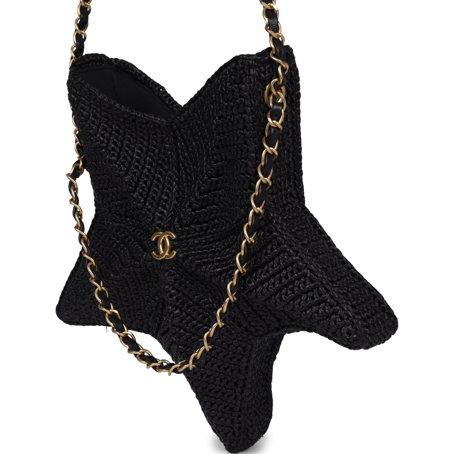 Chanel Star Coco Beach Bag Black Raffia Aged Gold Hardware