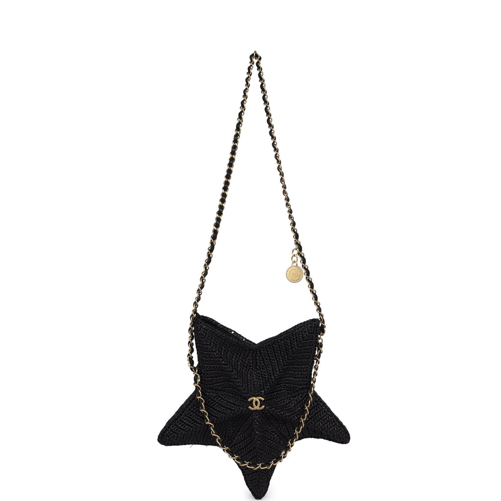 Chanel Star Coco Beach Bag Black Raffia Aged Gold Hardware