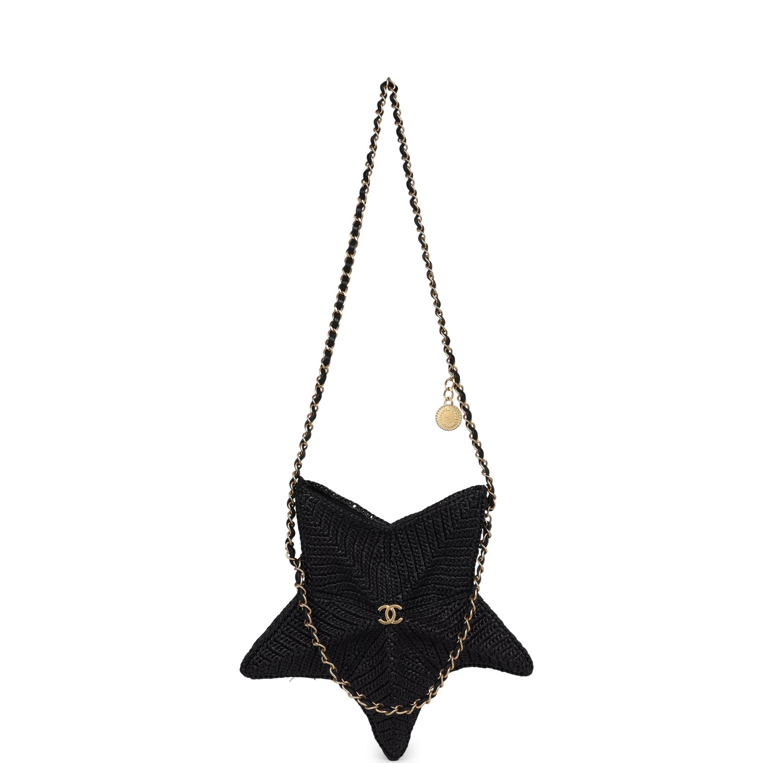 Chanel Star Coco Beach Bag Black Raffia Aged Gold Hardware
