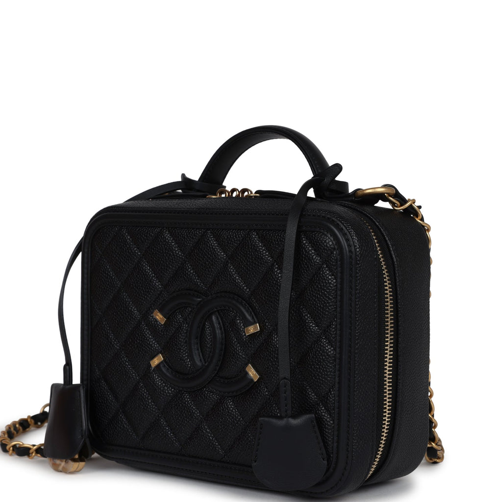 Chanel Medium CC Filigree Vanity Case Black Caviar Antique Gold Hardware
