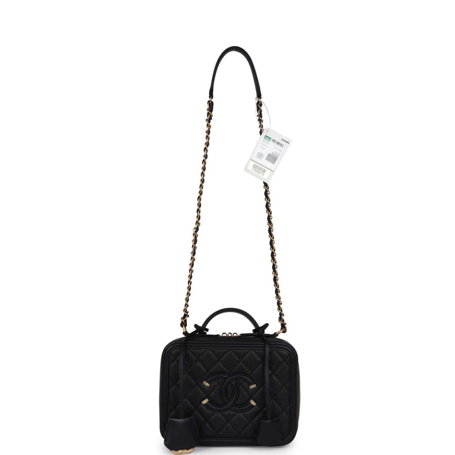 Chanel Medium CC Filigree Vanity Case Black Caviar Antique Gold Hardware