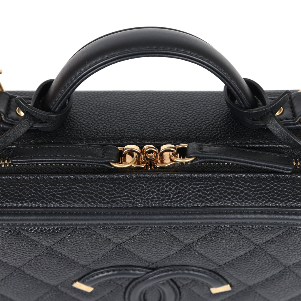 Chanel Medium CC Filigree Vanity Case Black Caviar Antique Gold Hardware