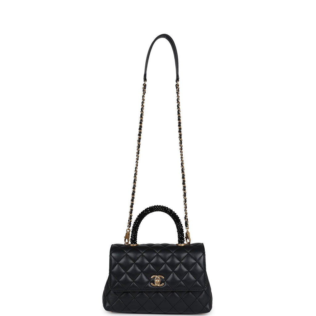 Chanel Small Coco Crystal Top Handle Flap Bag Black Lambskin Brushed Gold Hardware