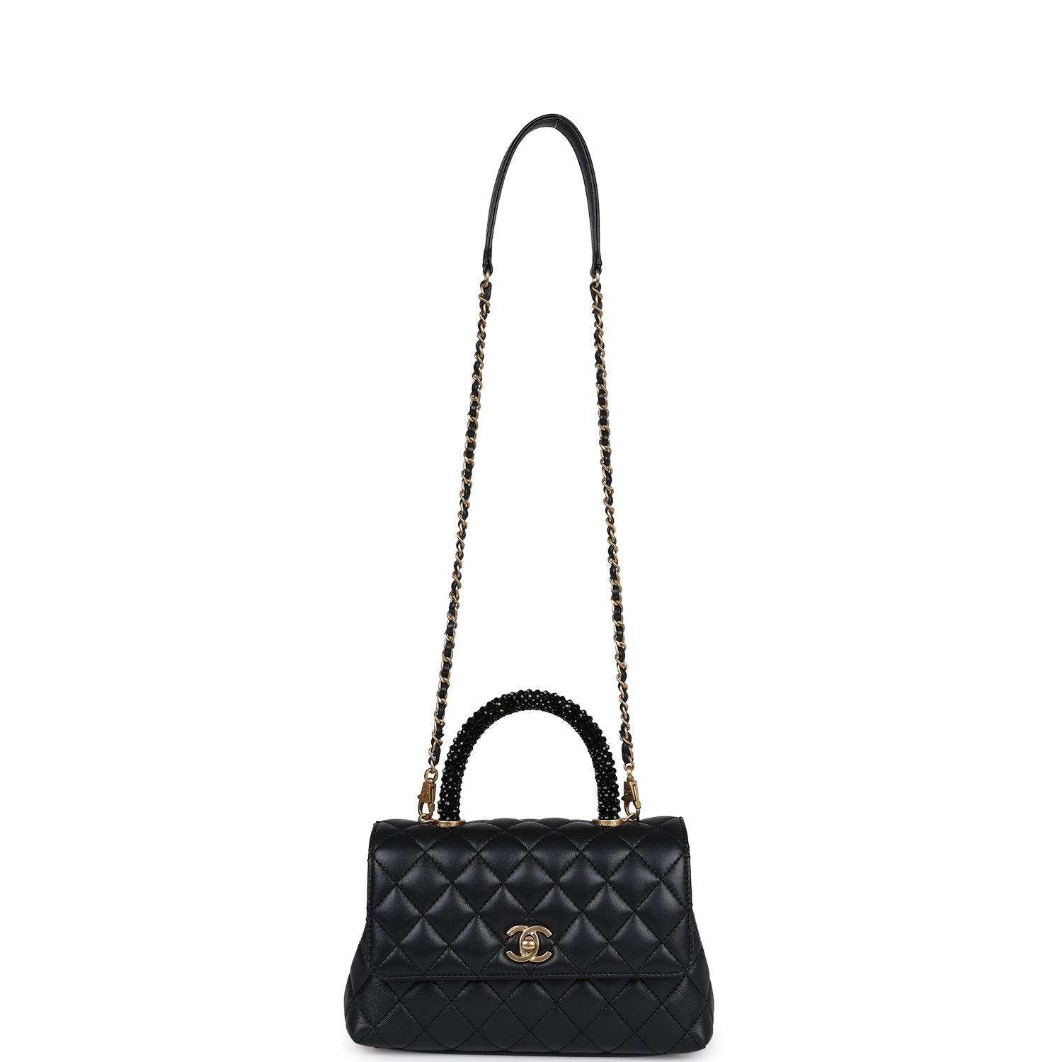 Chanel Small Coco Crystal Top Handle Flap Bag Black Lambskin Brushed Gold Hardware
