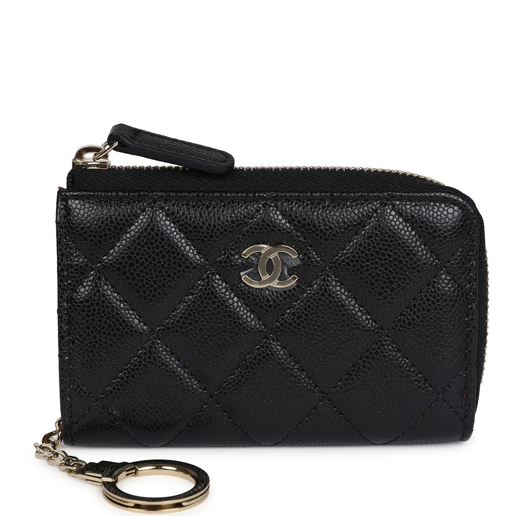 Chanel Classic Zipped Key Holder Case Black Caviar Light Gold Hardware