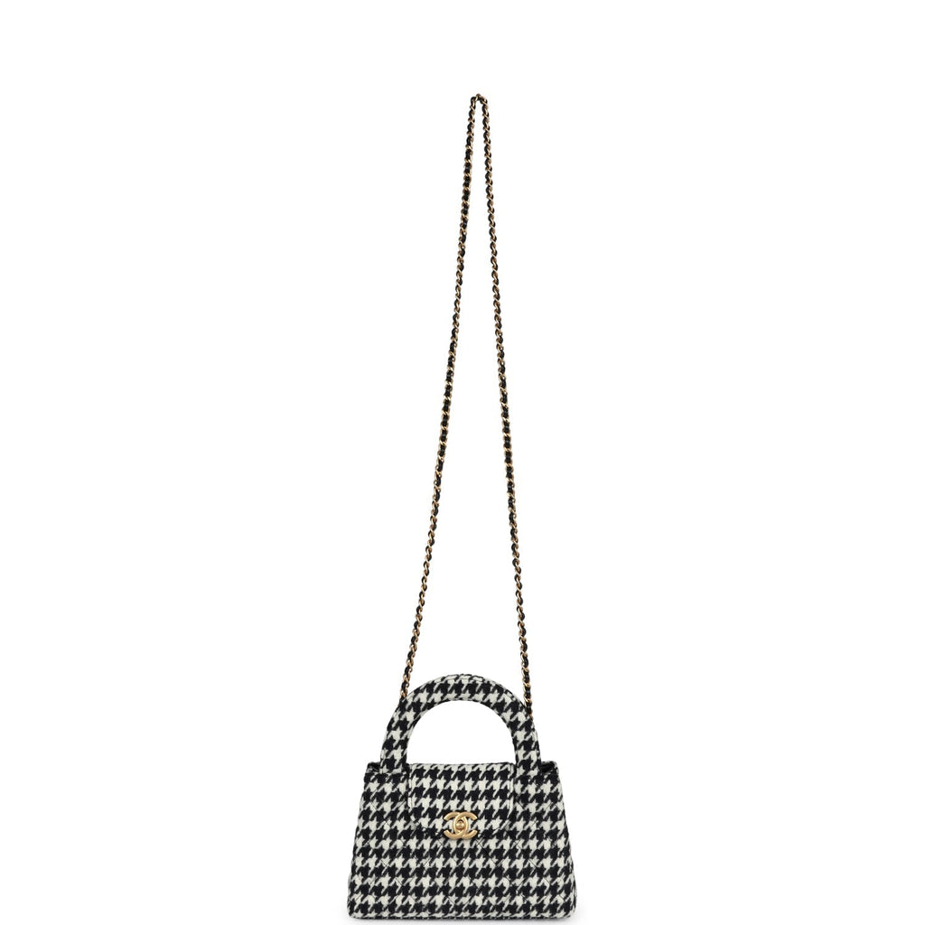 Chanel Small Kelly Shopper Black and White Houndstooth Tweed Brushed Gold Hardware
