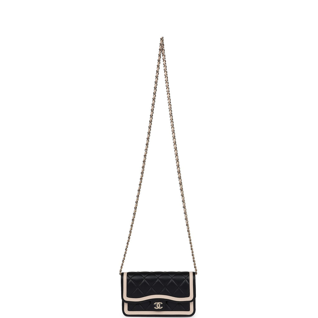 Chanel Flap Phone Holder with Chain Black and Light Beige Lambskin Light Gold Hardware