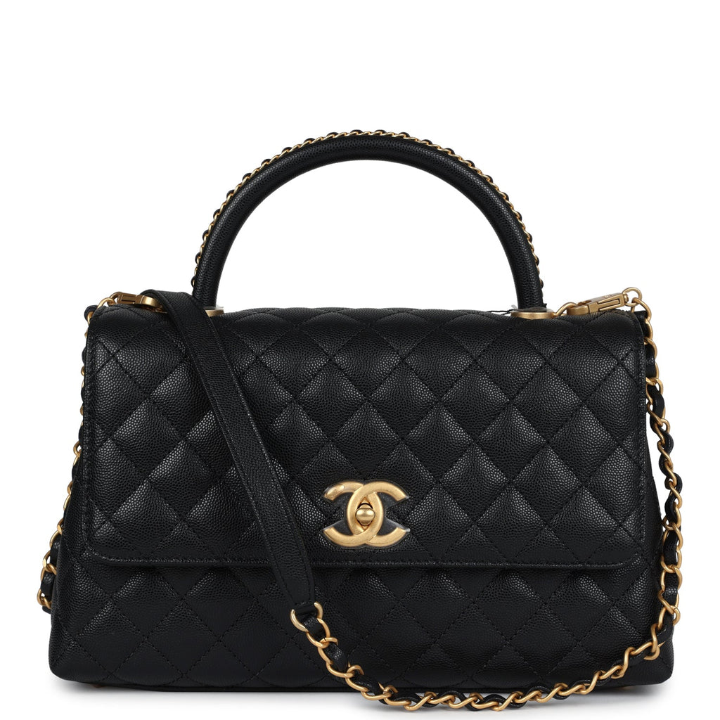 Chanel Medium Coco Top Handle Black Chevron Caviar Brushed Gold Hardware