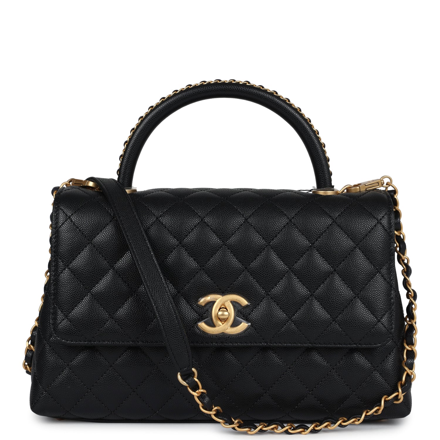 Chanel Medium Coco Top Handle Black Chevron Caviar Brushed Gold Hardware