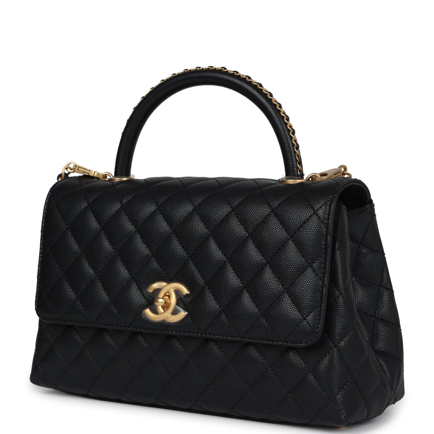 Chanel Medium Coco Top Handle Black Chevron Caviar Brushed Gold Hardware