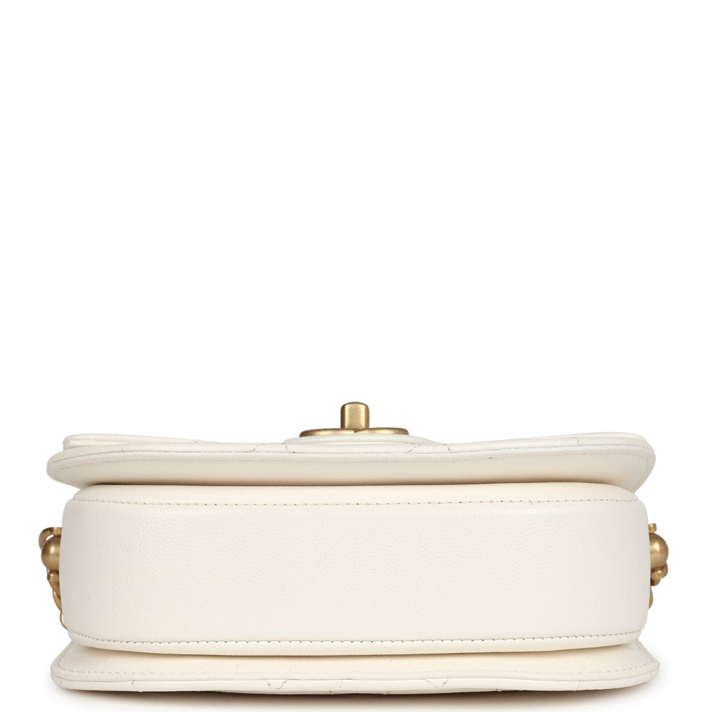 Chanel Mini Round Messenger Flap Bag White Caviar Antique Gold Hardware