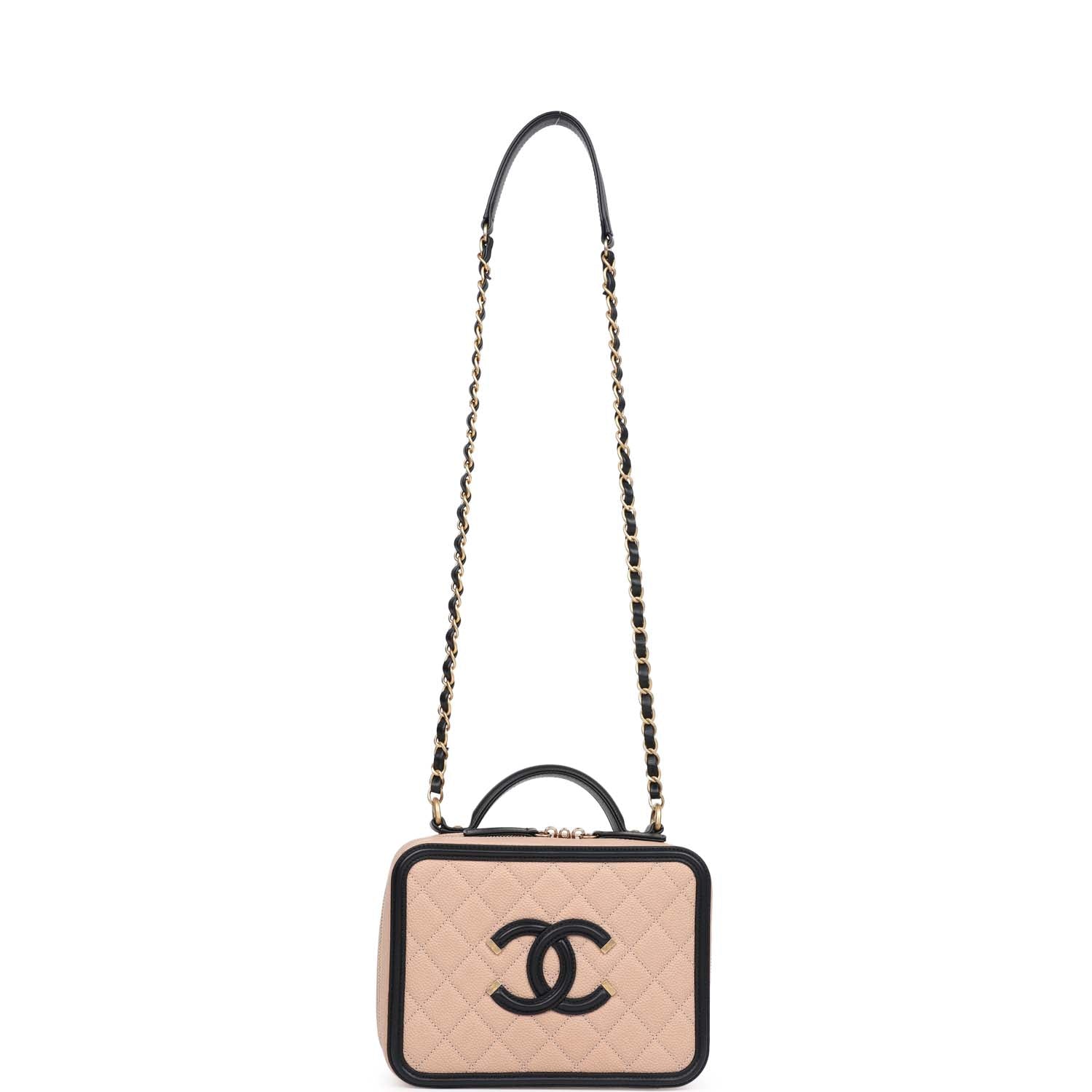 Chanel Medium CC Filigree Vanity Case Black and Beige Caviar Antique Gold Hardware