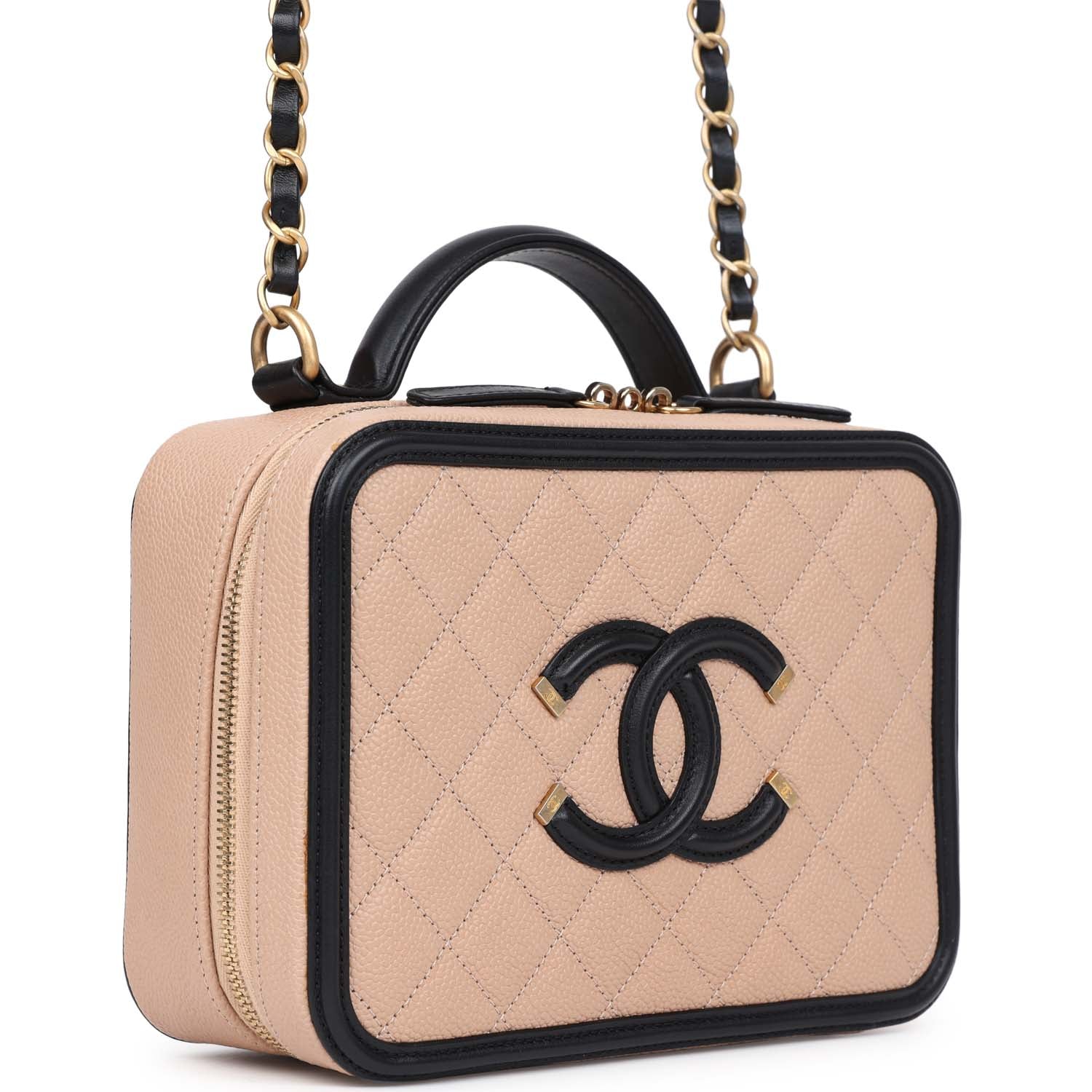 Chanel Medium CC Filigree Vanity Case Black and Beige Caviar Antique Gold Hardware