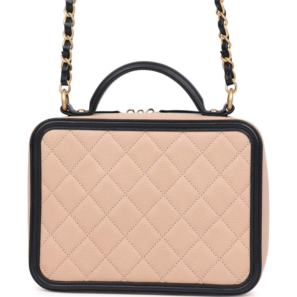 Chanel Medium CC Filigree Vanity Case Black and Beige Caviar Antique Gold Hardware