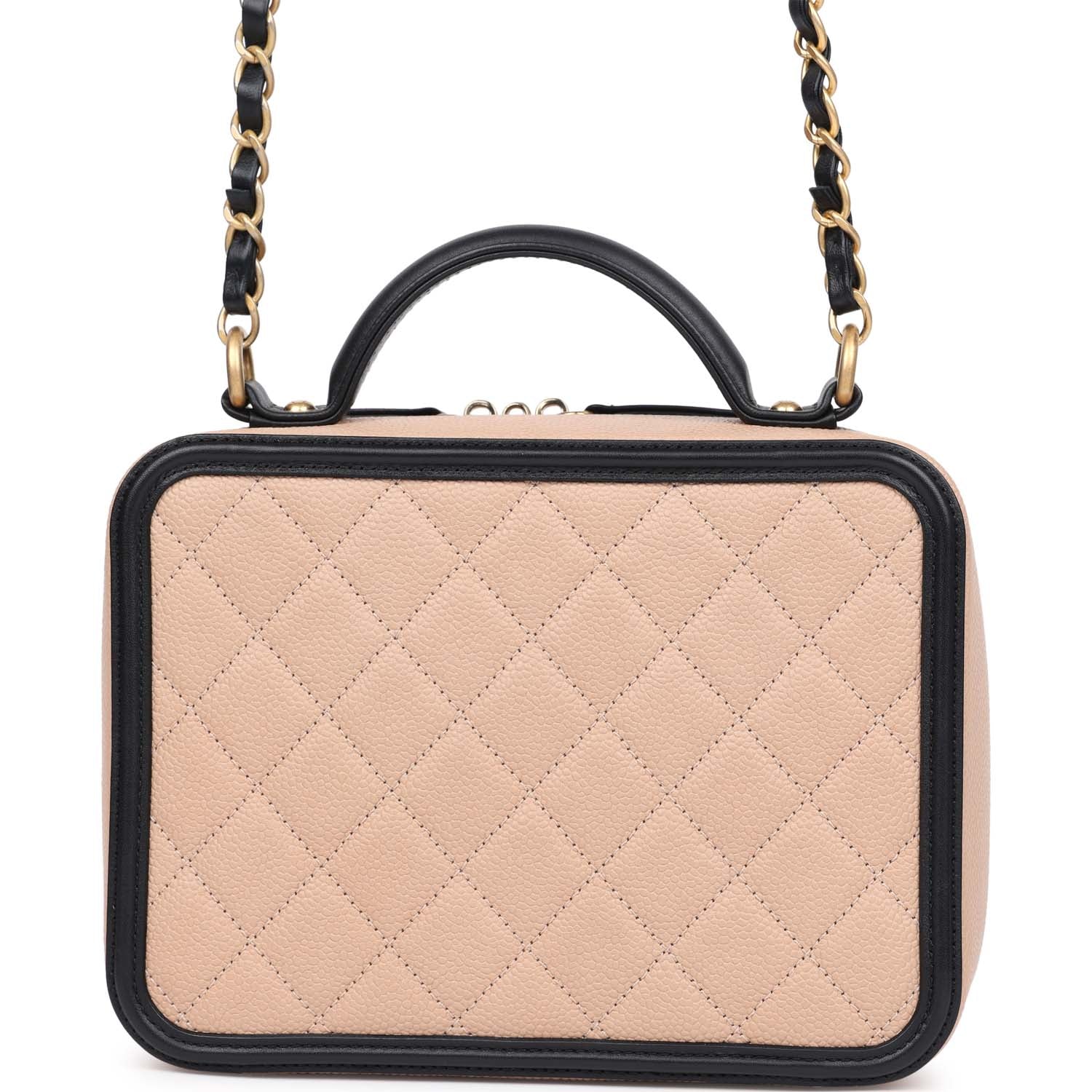 Chanel Medium CC Filigree Vanity Case Black and Beige Caviar Antique Gold Hardware