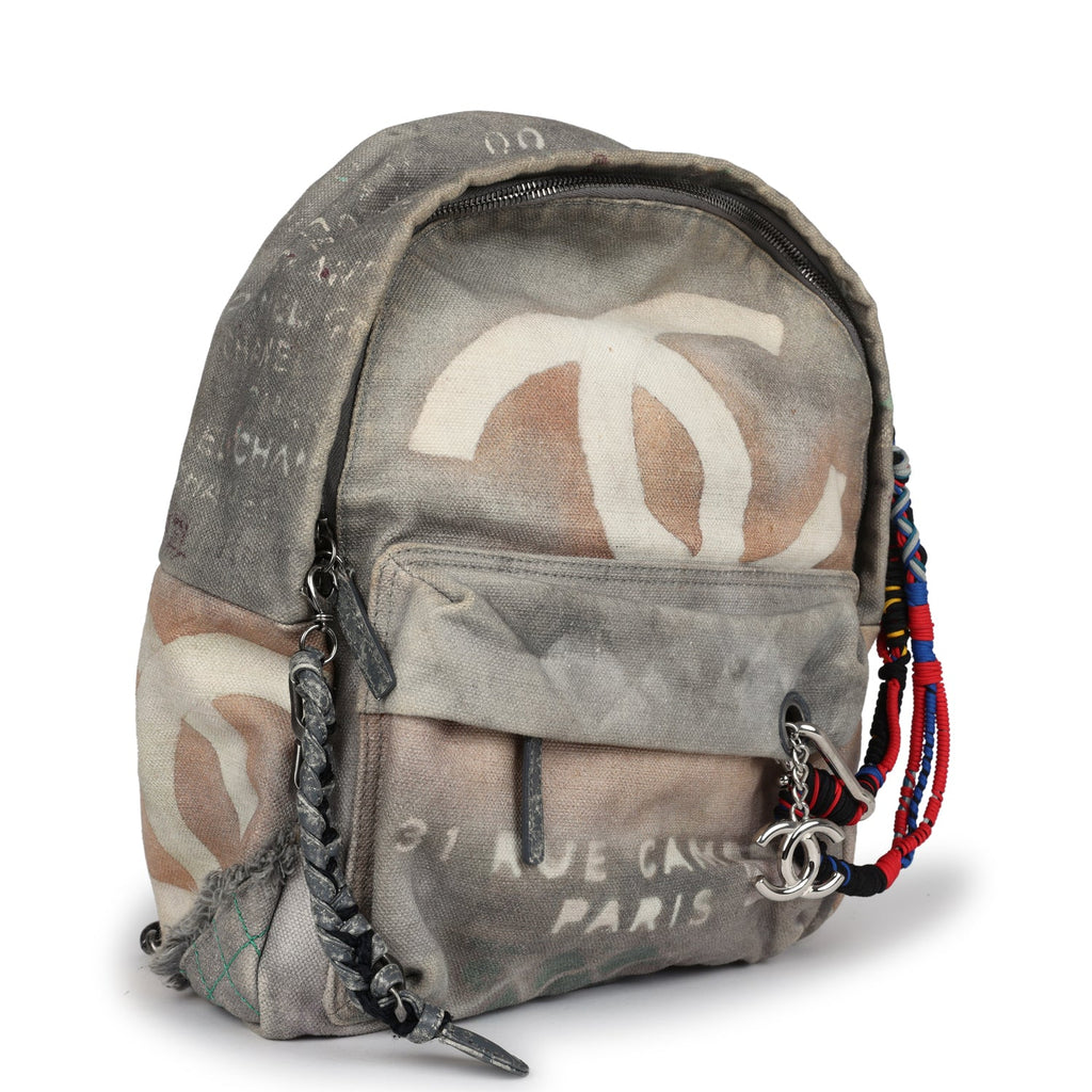 Chanel Graffiti Backpack Grey Multicolored Canvas Silver Hardware