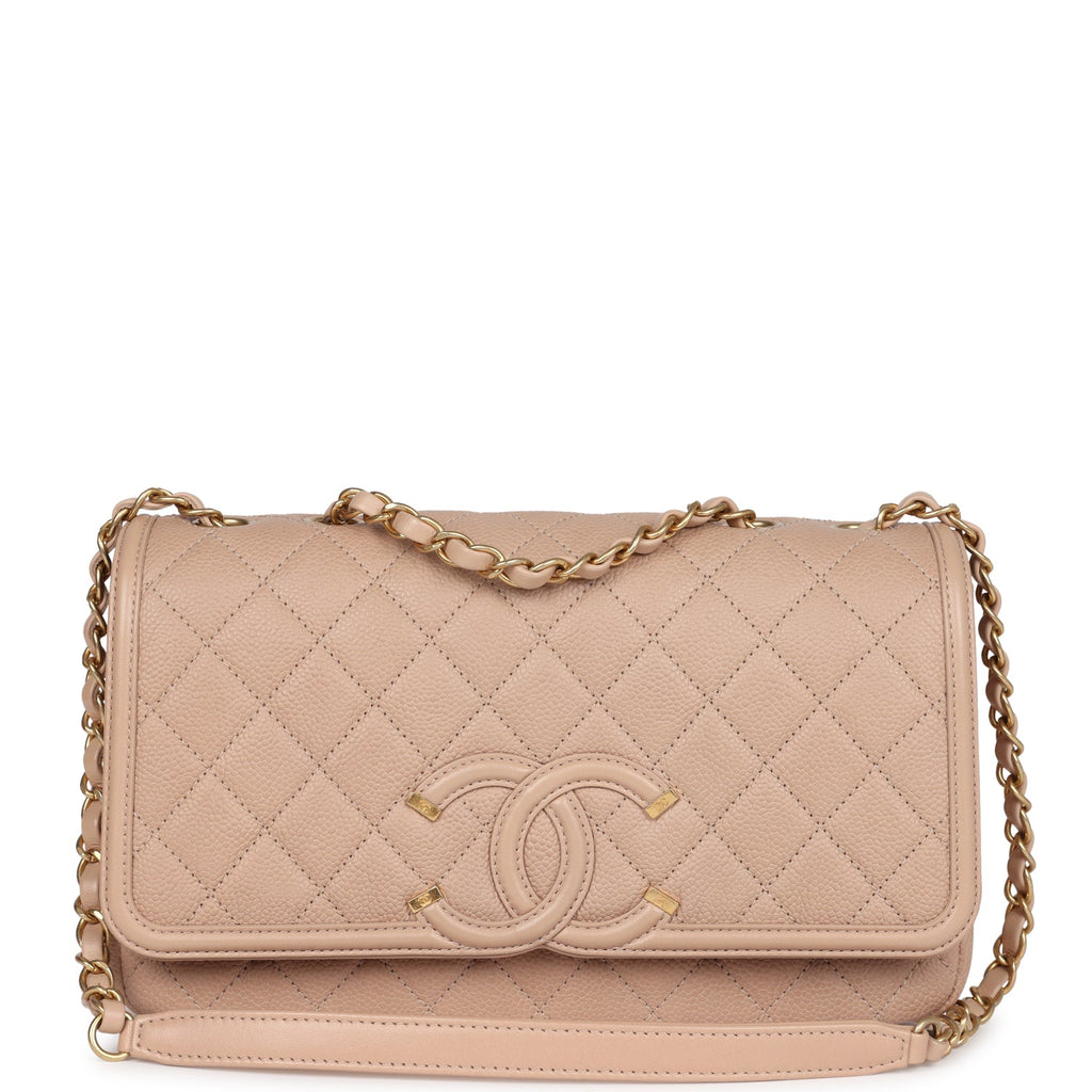 Chanel Medium CC Filigree Flap Bag Beige Caviar Brushed Gold Hardware