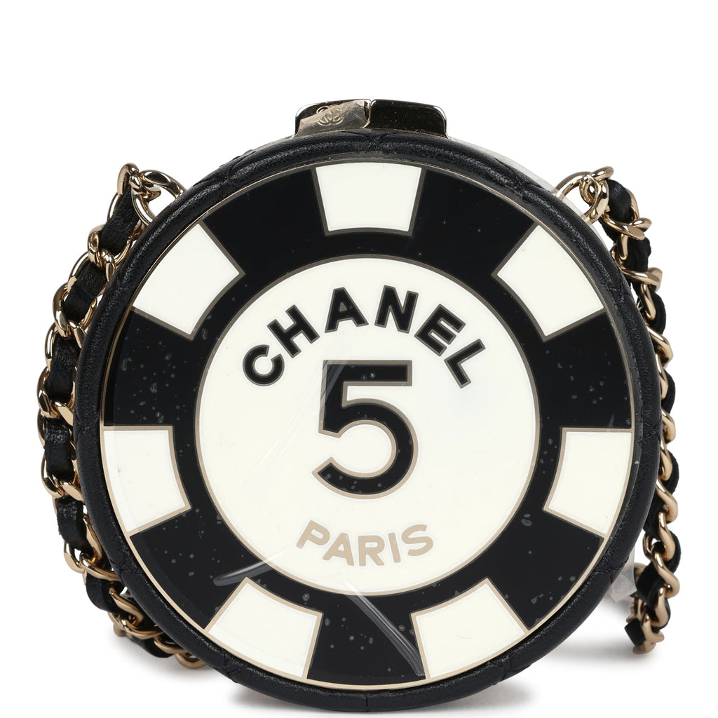Chanel Poker Chip Minaudiere Clutch with Chain Black and White Enamel and Lambskin Gold Hardware