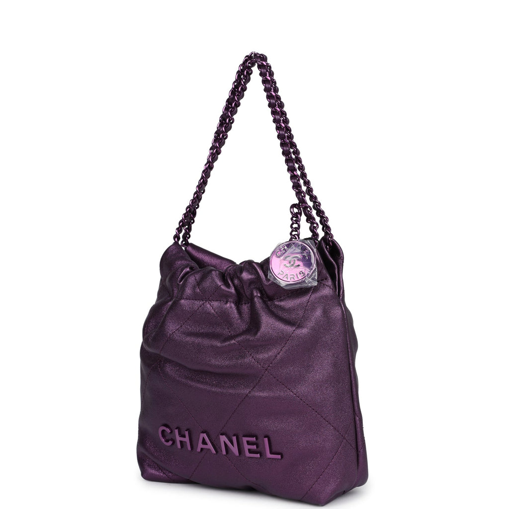 Chanel Mini 22 Bag Dark Purple Metallic Lambskin Lacquered Metal Hardware