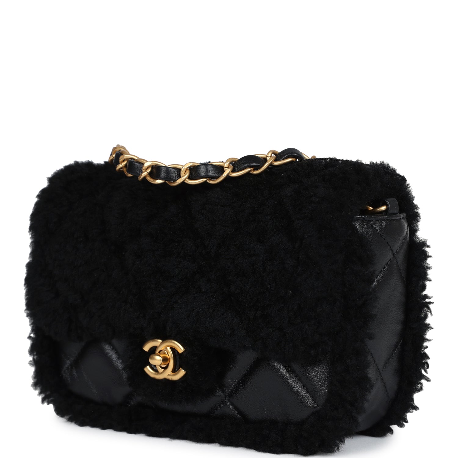 Chanel Mini Shearling Flap Bag Black Lambskin Brushed Gold Hardware