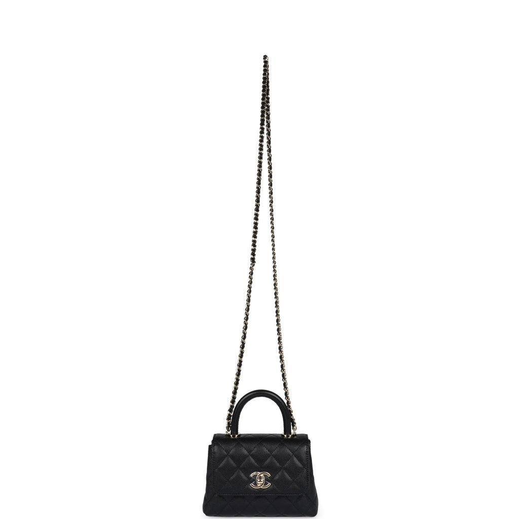 Chanel Nano Coco Top Handle Flap Bag Black Caviar Light Gold Hardware