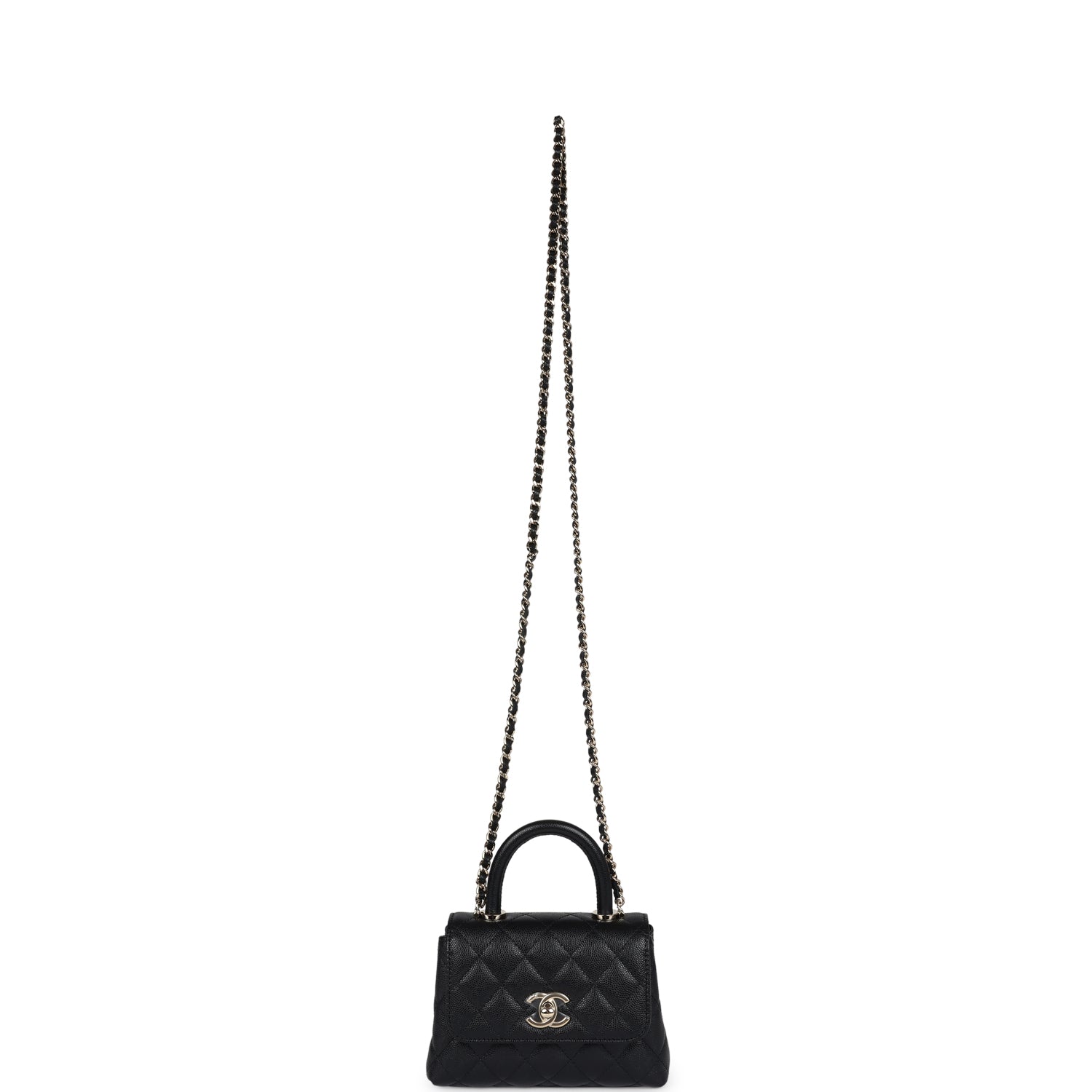 Chanel Nano Coco Top Handle Flap Bag Black Caviar Light Gold Hardware