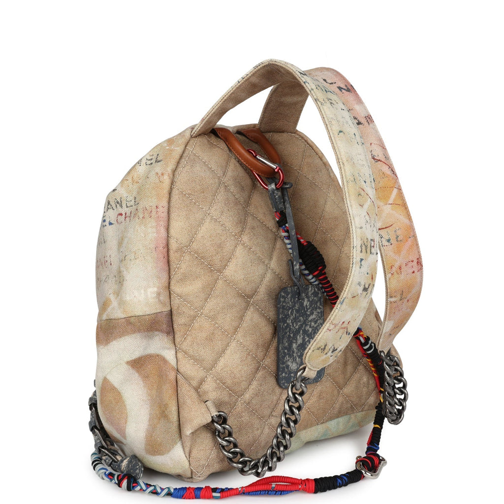 Chanel Graffiti Backpack Beige Multicolored Canvas Silver Hardware
