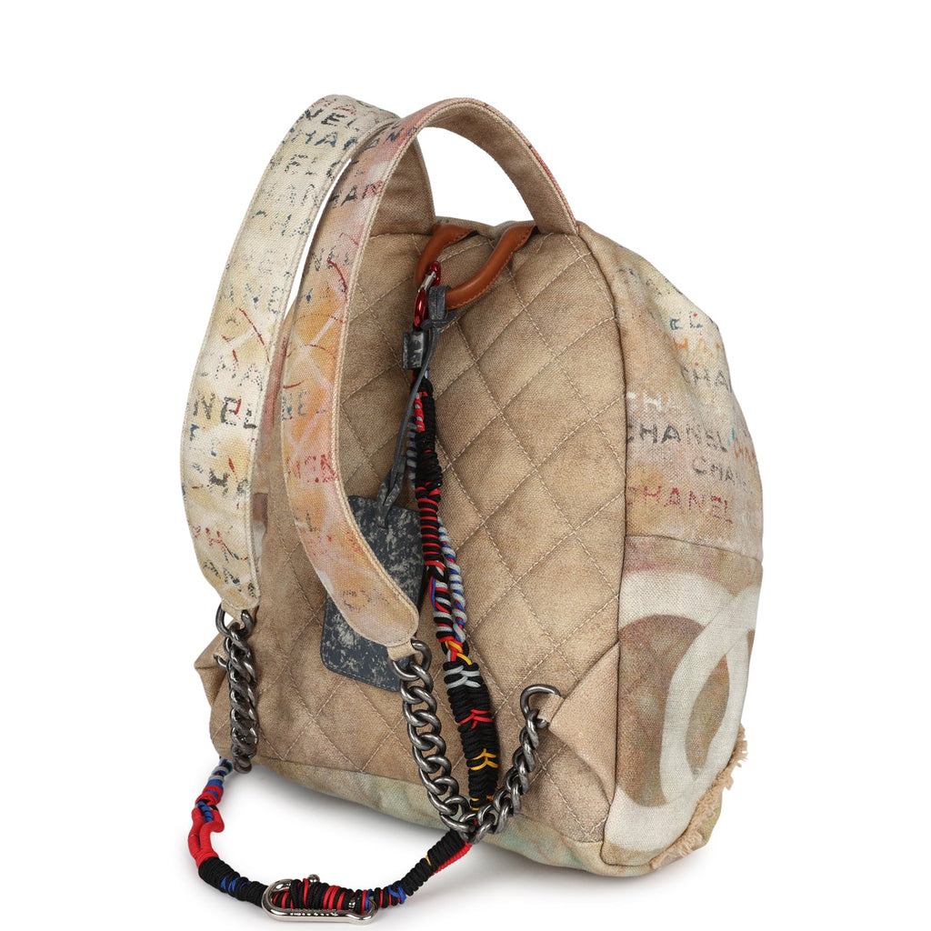 Chanel Graffiti Backpack Beige Multicolored Canvas Silver Hardware