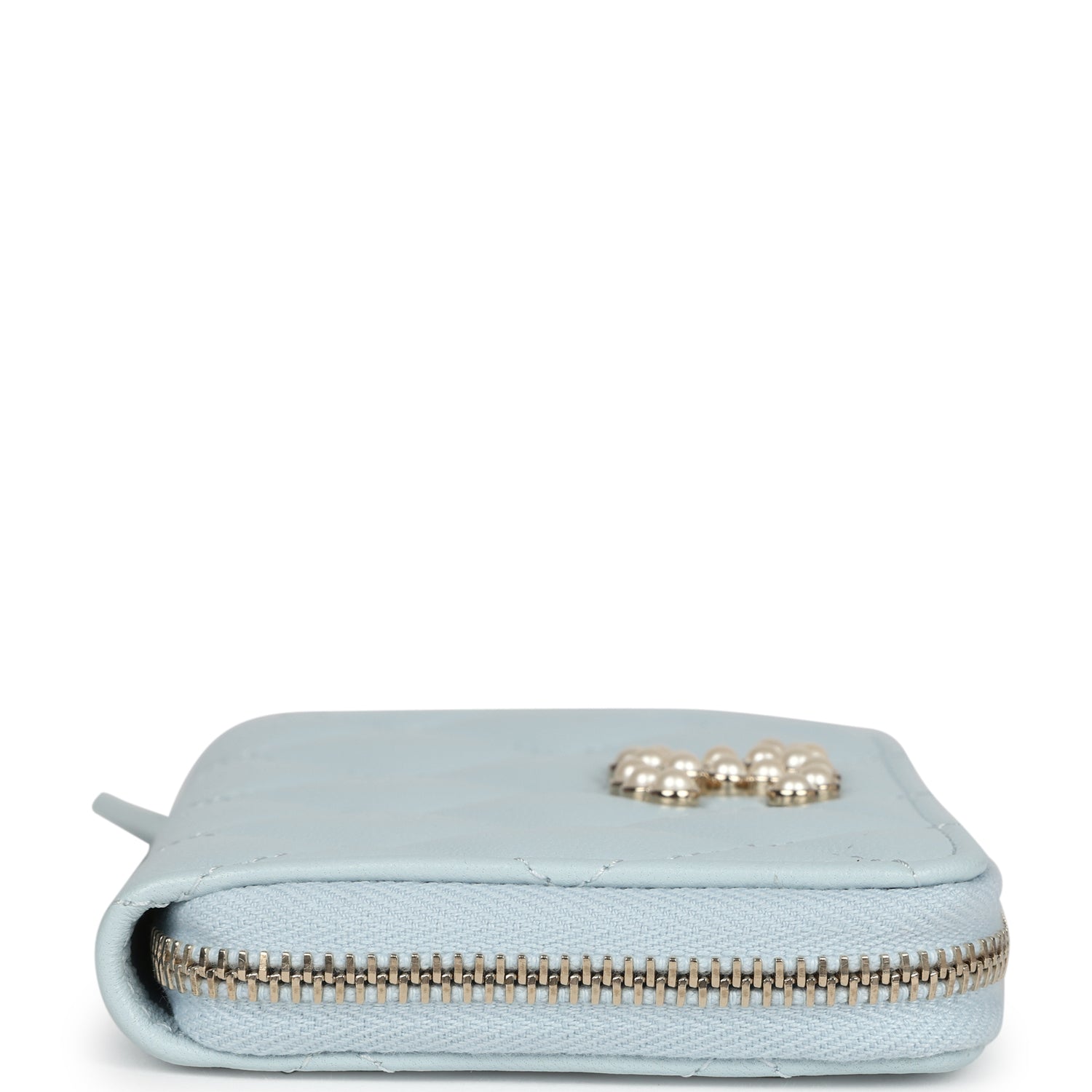 Chanel Small Pearl Classic Zipped Coin Purse Wallet Light Blue Lambskin Light Gold Hardware