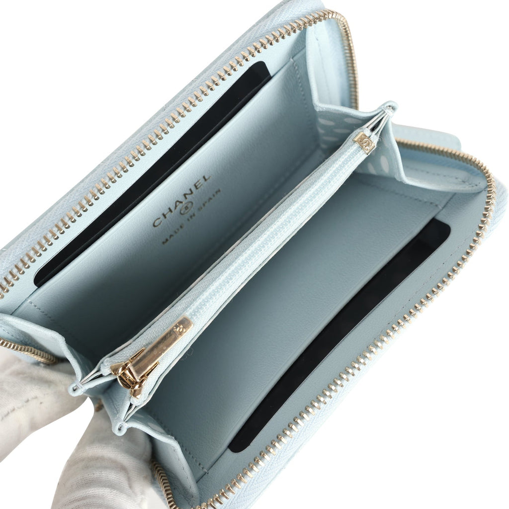 Chanel Small Pearl Classic Zipped Coin Purse Wallet Light Blue Lambskin Light Gold Hardware