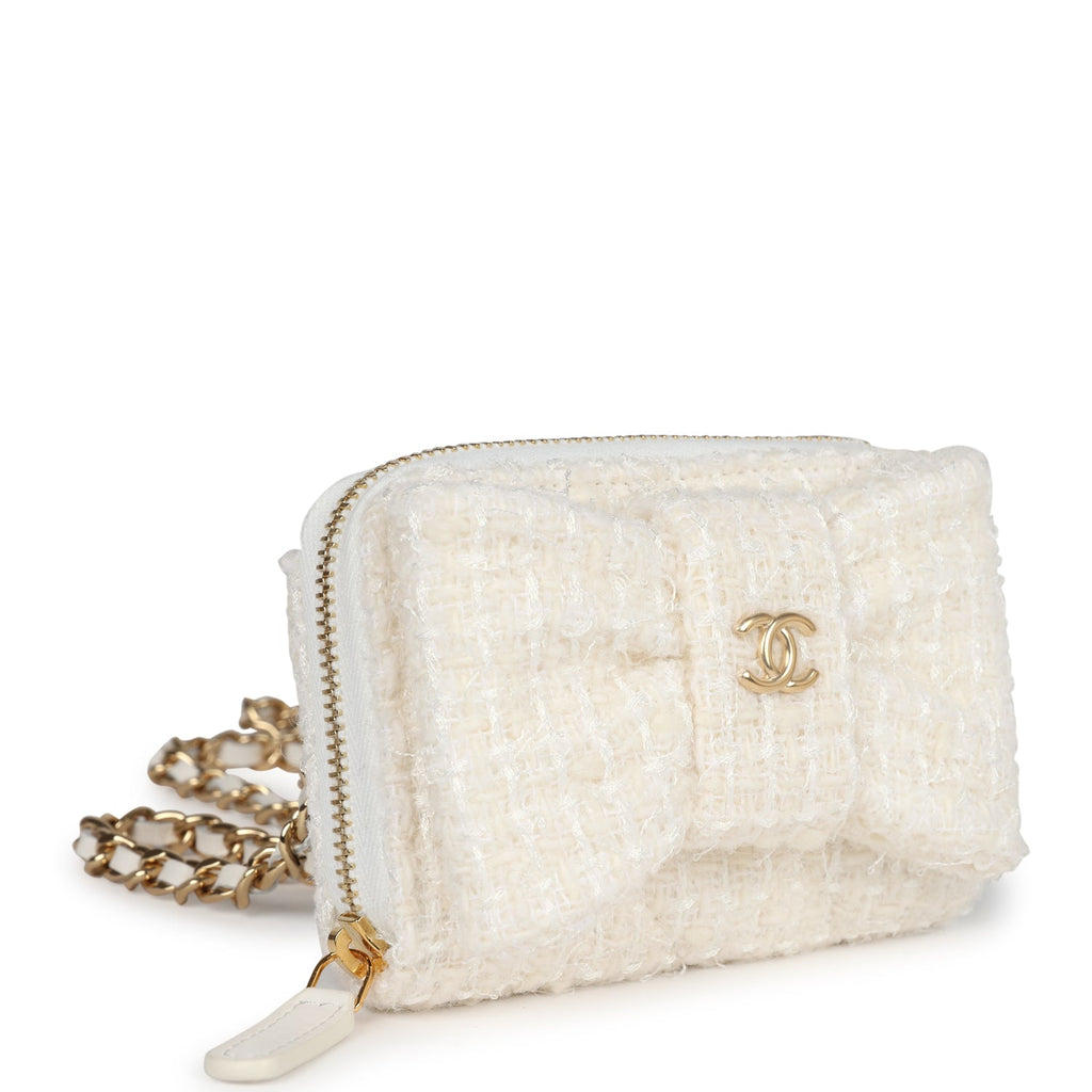 Chanel Bow Wallet  Holder on Chain White/Beige Tweed/Calfskin Gold Hardware