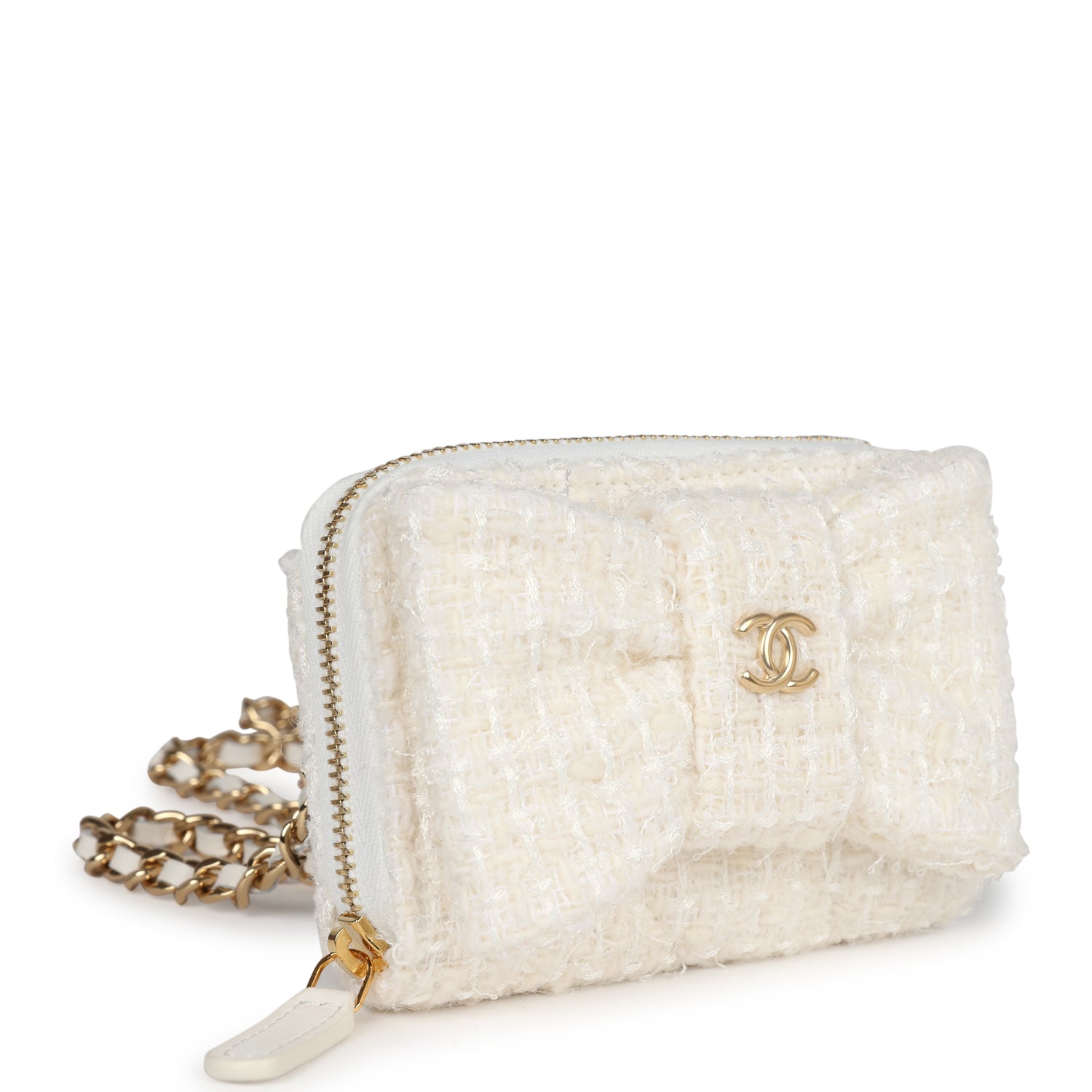 Chanel Bow Wallet  Holder on Chain White/Beige Tweed/Calfskin Gold Hardware